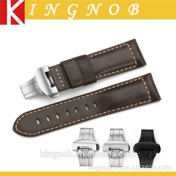 24mm Deployment Clasp Dark Brown Retro Genuine Leather Watch Strap